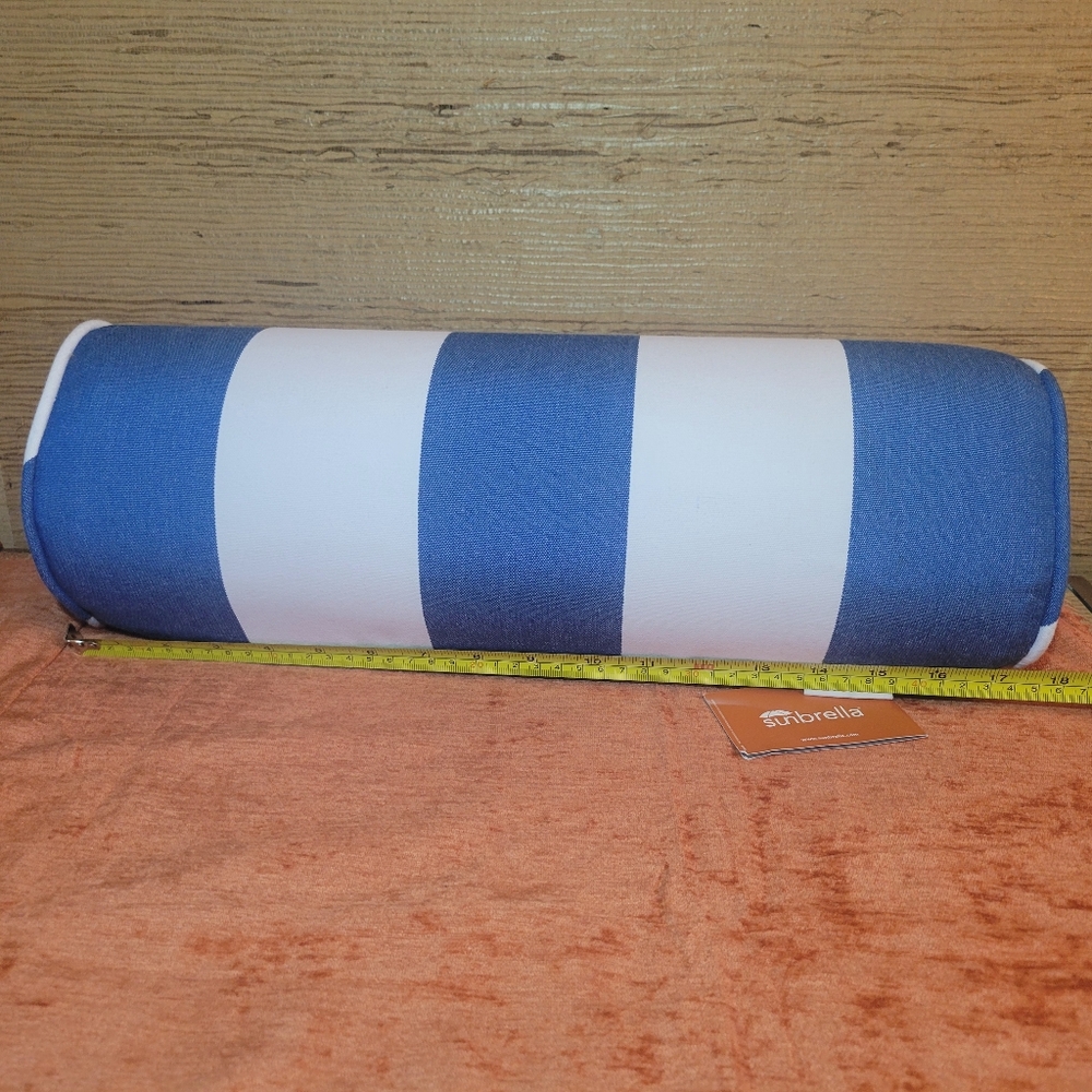 New Outdoor Sunbrella Neck Roll Bolster Pillow Water Resistant Blue & White - Picture 10 of 16